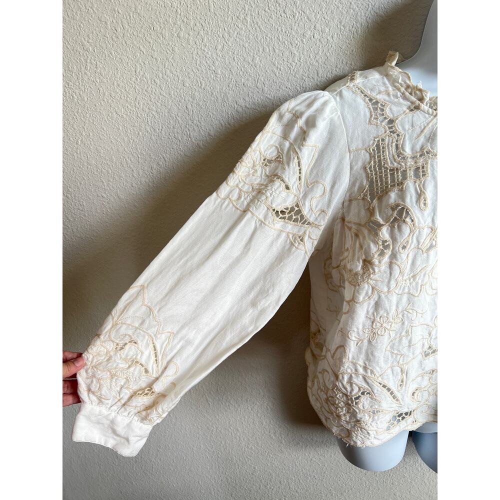 Anthropologie Lainie Cream Long Sleeve Lace Cutwork Blouse Women's Medium Linen - Picture 6 of 9